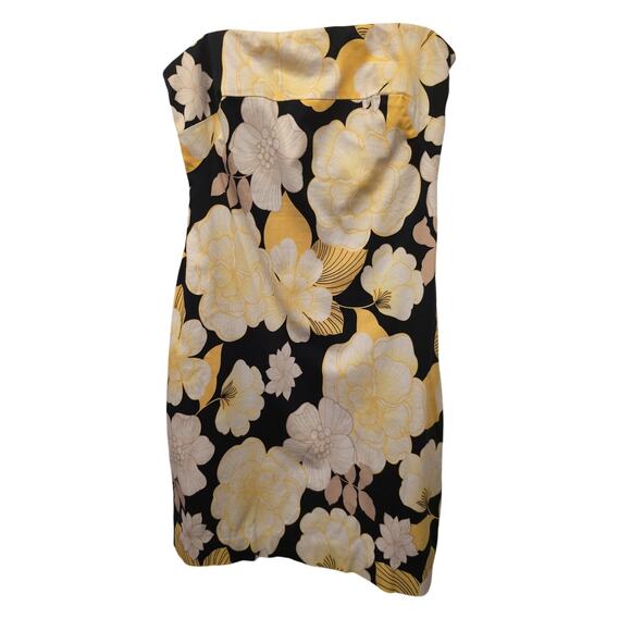 Vintage Cache Strapless Floral Mini Dress Yellow Black Sheath Coquette Y2K - Picture 1 of 6
